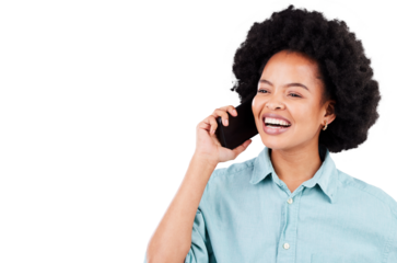 Isolated African woman, phone call and smile with thinking, contact or listen by transparent png background. Happy young lady, smartphone and mobile networking for deal, news and excited for vision