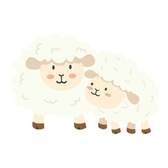Cute white sheep and baby sheep flat