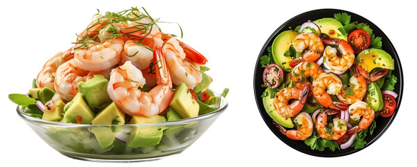 Two shrimp and avocado salads isolated on transparent background