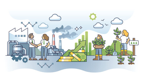 Economic growth vs environmental protection for balance outline concept. Business control with sustainable, nature friendly investments vector illustration. Challenge for economy and climate harmony. - obrazy, fototapety, plakaty
