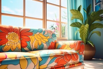 Bright sofa with floral pattern in the living room, pop art style interior.