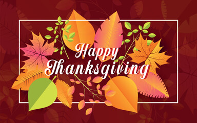 Happy Thanks Giving vector greeting card or frame with autumn fallen leaves