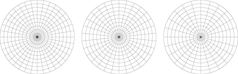 Polar grid divided into radial spoke degree 36, 30 or 24 sectors and concentric circles. Radar circular graph screen
