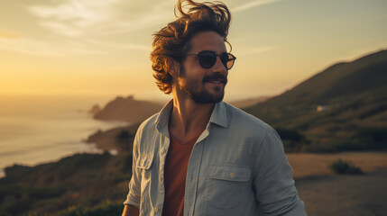 Professional commercial photo of handsome man enjoying the sunset with happy face  - obrazy, fototapety, plakaty