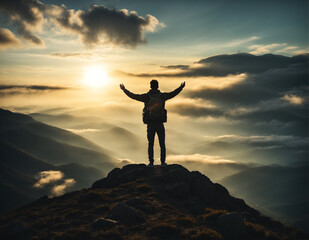 silhouette of a person in the mountains raising hands