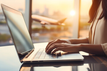 Business woman using laptop at the Airport.