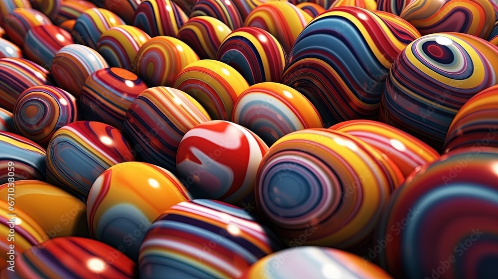 Poster a group of balls with different colors and shapes on them. generative ai