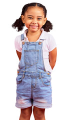 Happy, young child and portrait of girl, smile with positivity and denim fashion isolated on png...