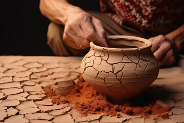 Fototapeta na wymiar Dried Crops Over Cracked Dry Land Food Crisis Illustration Potter Shaping Clay Pot By Hand Traditional Pottery
