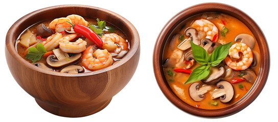 Bundle of spicy thai tom yum soup with shrimp and mushrooms isolated on transparent background