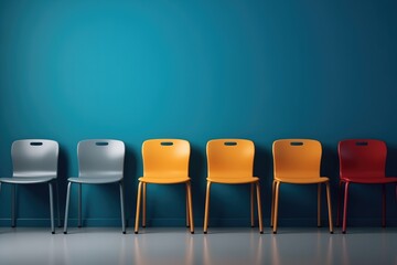 A Row Of Colorful Chairs Against A Blue Wall