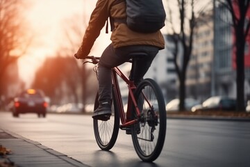 Naklejka premium American Man Riding Bicycle In City Street With Blurry Background