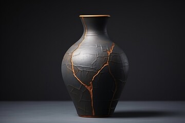 Antique Clay Vase With Cracks On Dark Background