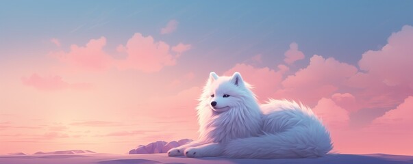 Artic Fox Resting In Arctic Sunset With Northern Lights