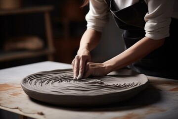 Artisan Rolling Clay Slab To Create Earthenware During Pottery Class
