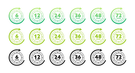 12, 24, 36, 48 and 72 hours clock arrow. Working and Delivery service effect time icons. Order execution. Vector stock illustration