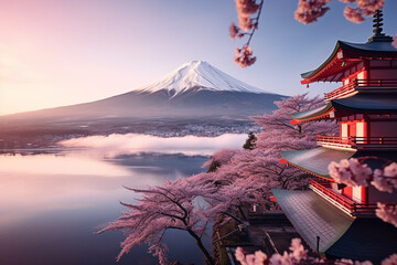 Fuji Mountian in coloful travel season in Japan. - obrazy, fototapety, plakaty