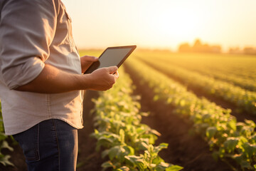 Farmer using tablet with blurred organic vegetable background