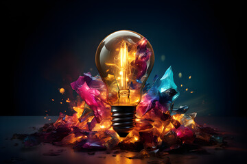 Discover new technology and innovative business ideas through a creative explosion of colorful light bulbs, shards, and paint, Embrace the concept of thinking differently and generating unique creativ - obrazy, fototapety, plakaty