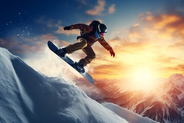 Snowboarder launching on mountains in the winter with beautiful blue sky background. Extreme sport on vocation season.