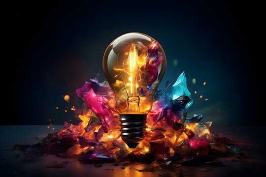Discover new technology and innovative business ideas through a creative explosion of colorful light bulbs, shards, and paint, Embrace the concept of thinking differently and generating unique creativ