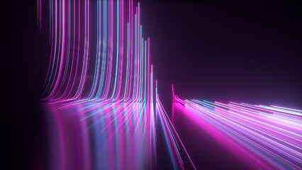Abstract black background with pink blue neon lines go up and disappear. 3d illustration