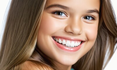 a closeup photo portrait of a cute beautiful young girl kid smiling with clean teeth