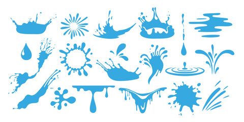 Water splashes collection in a flat design. Set of water splash.Blue dripping water drops, splashes, sprays and tears. Liquid flow, wave, stream and puddles.  - obrazy, fototapety, plakaty