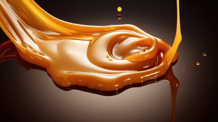 Close-up of liquid brown soft caramel pouring. Stream of caramel isolated on flat background with copy space. 3d render illustration style. 