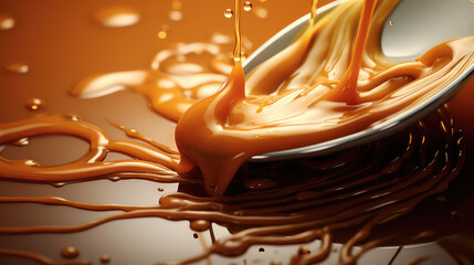 Close-up of liquid brown soft caramel pouring. Stream of caramel isolated on flat background with copy space. 3d render illustration style.  - obrazy, fototapety, plakaty