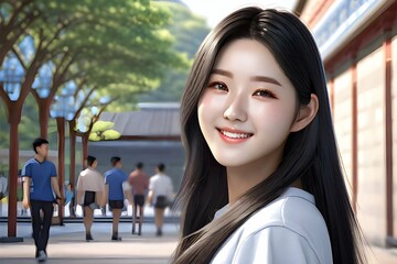 Innocent long-haired Asian female college student taking a selfie on university campus. Generative AI