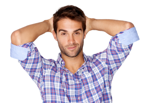 Relax with confident, smile and portrait of a man with pride, happiness or casual fashion on isolated, transparent or png background. Happy, guy and face with calm, sexy pose or cool plaid shirt