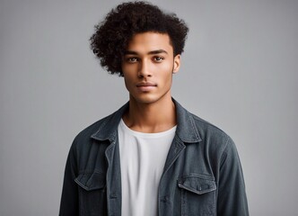 Fototapeta premium portrait of male university student on gray background. curly hair and dark skin