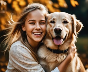 A Photograph capturing the joyous embrace of a girl and her loyal canine companion