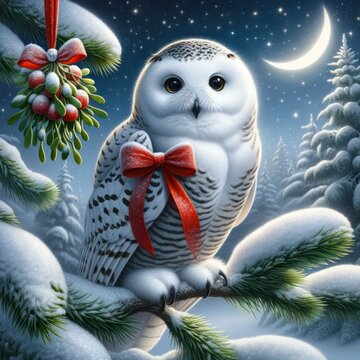 A snowy owl perched on a snow-covered pine branch, with a red ribbon tied around its neck. The owl is looking curiously at a hanging mistletoe nearby. The background features a starry winter night. © Cad3D.Expert