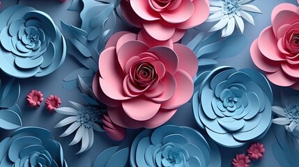  a bunch of paper flowers on a blue background with pink and blue flowers.  generative ai