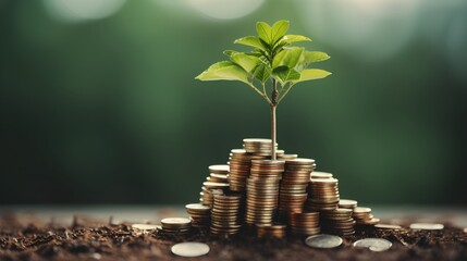 Sprout growing from a pile of coins as green investment and growth of successful, nature friendly business. Financial growth and sustainability with ESG principle based company. Carbon free startup. - obrazy, fototapety, plakaty