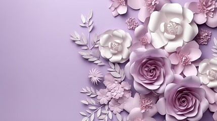  a bunch of paper flowers are on a purple background with leaves.  generative ai