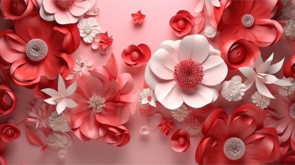  a bunch of red and white flowers on a pink background.  generative ai