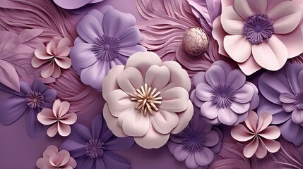  a bunch of flowers that are on a purple surface with leaves.  generative ai
