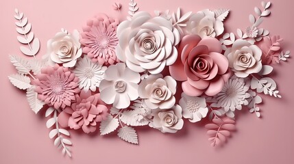 Fototapeta na wymiar a bunch of paper flowers on a pink background with leaves. generative ai