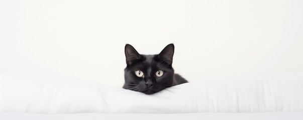 Black Cat On White Bed Isolated On Background