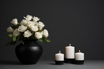 Black Urn, White Roses, Burning Candles At Funeral. Сoncept Funeral Decor, Traditional Ceremony, Mourning Rituals, Symbolic Elements - obrazy, fototapety, plakaty