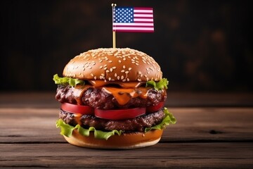 Burger With American Flag On Wooden Table