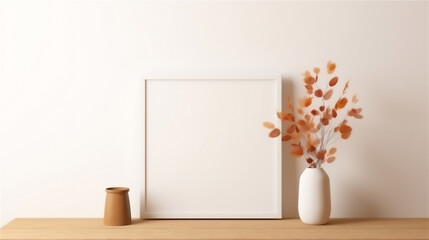 plain wall interior with empty photo frame mounted on the wall, autumn plant in pot on the table
