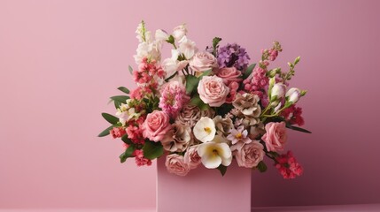  a pink vase filled with lots of different flowers on a table.  generative ai