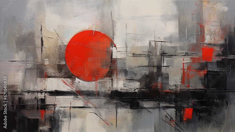Poster a painting of a red circle on a gray background with black and white squares. generative ai