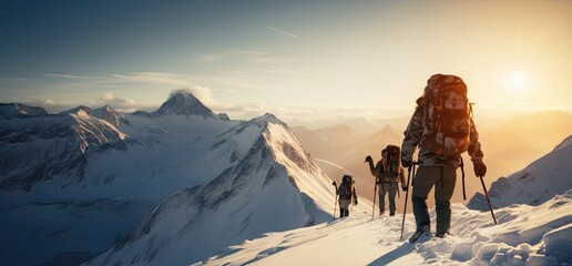 expedition of mountaineers on the mountain ridges all snowy and well equipped, winter concept - obrazy, fototapety, plakaty