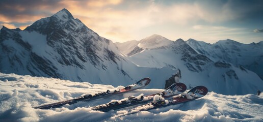 Fototapeta na wymiar skis in the middle of the snowy mountains at sunrise on a winter day, winter sports concept