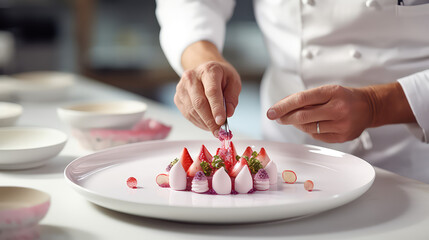 Obraz na płótnie Canvas Chef hands decorate the gourmet strawberry dessert before serving. Exquisite sweets from a prestigious restaurant, cooking process.